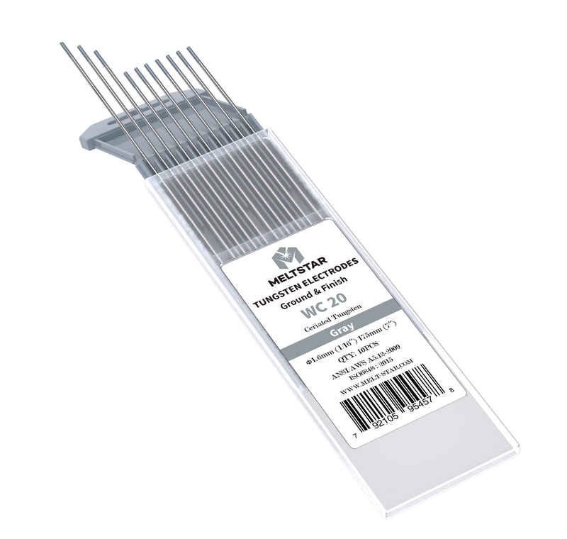 TIG Welding Cerium tungsten electrode 1/16” x 7” (Grey, WC20) 10-Pack 1/16” x 7” Grey