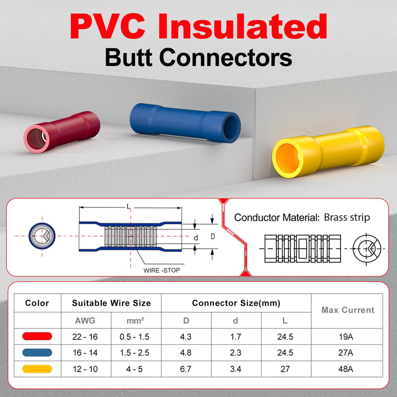 AIRIC Red Butt Connectors Crimp Splice Terminals 100 pcs 22-16 AWG Electrical Connector, Fully Insulated PVC Wiring Crimps Terminal for 22,20,18,16 Gauge Wire Red(22-16AWG)