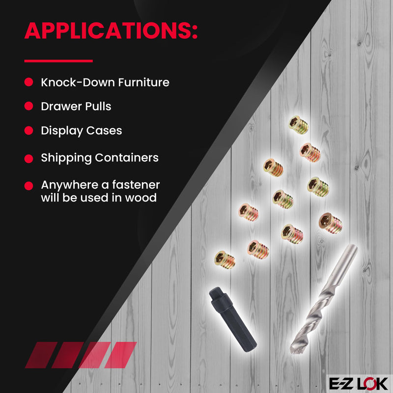 E-Z LOK Threaded Inserts for Wood, Repair Installation Kit, Includes Steel Hex Drive Flanged Thread Inserts, 5/16-18 Internal Thread, 15mm Length, Drill, Installation Tool