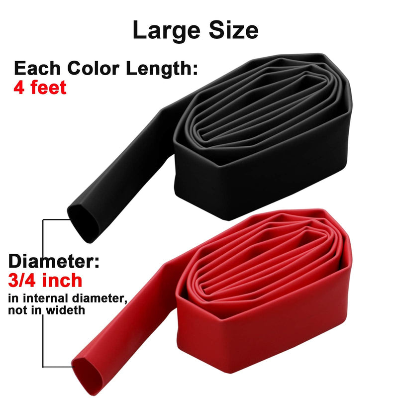 2 Pcs 3/4 inch (Diameter) 3:1 Dual Wall Adhesive Heat Shrink Tubing Kit, Large Wire Shrinkable Tube Wrap by MILAPEAK (4 Feet, Black & Red) 4FT (3/4", 2 Pcs)