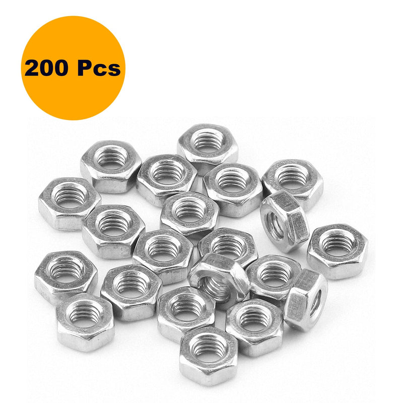 200pcs M3-0.5 Hex Nut, 304 Stainless Steel, M3 x 0.5mm Tiny Nuts Fasteners, Hex Drive, Metric, Right Hand, Small Replacement Nut with Plastic Case