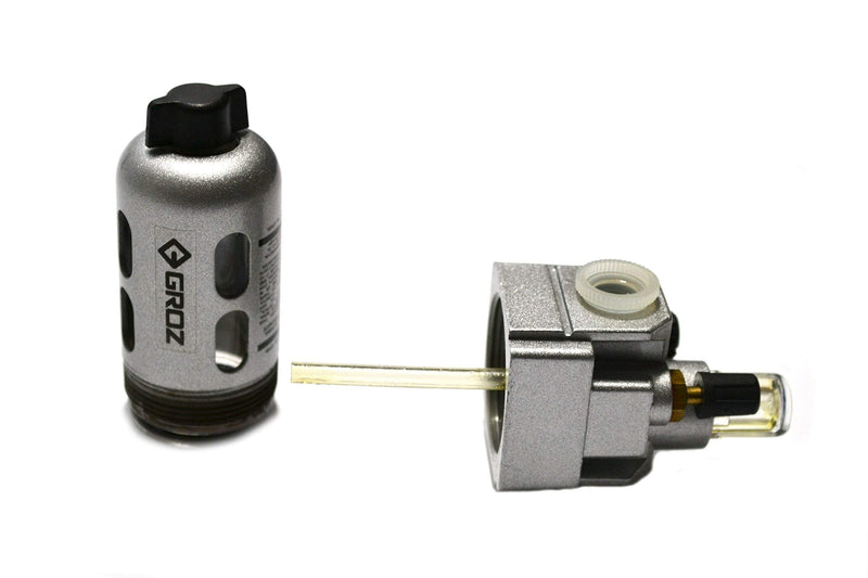 Groz Miniature Air Line Lubricator, 1/4" NPT, Fog/Micro-Mist Type, 48 CFM Max Flow, 145 PSI, Polycarbonate Bowl with Steel Guard, Die-Cast Aluminum Head, ISO 6301-1, 100% Factory Tested (60251)