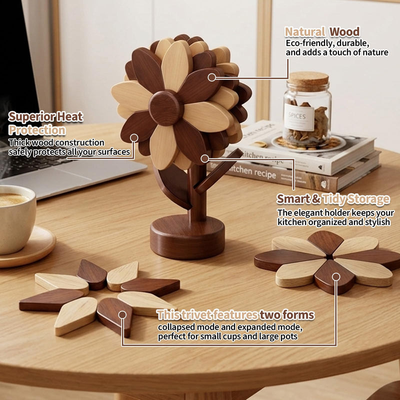 5 Wooden Trivets for Hot Dishes-Sunflower Kitchen Decor, Heat Resistant Foldable, Hot Dishes Tree Shape Trivet Set for Hot Pot Holders Bowl Pot, Housewarming Gifts (Walnut & Beech Wood, L) Walnut & Beech Wood Large