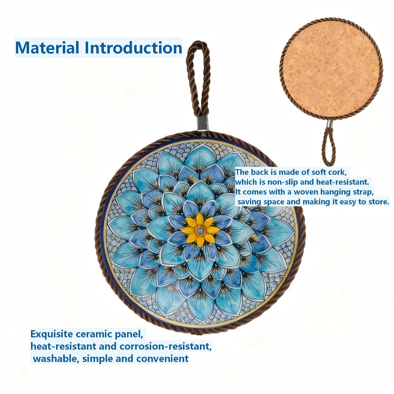 Ceramic Cork Trivet 6.7 Inch (17cm)-Heat Resistant Non-Slip Hot Pad for Dishes, Kitchen Table Insulation Mat 4 Pieces Set. (Prosperous Lotus) Prosperous Lotus
