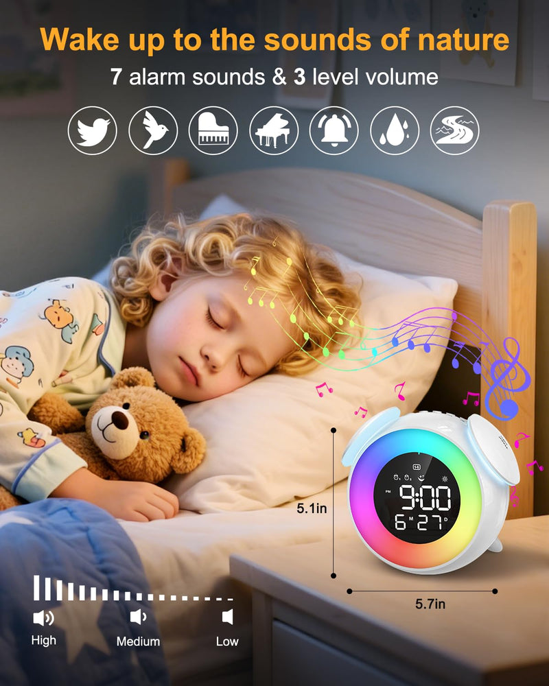 Kids Alarm Clock, Toddler Sleep Training Clock, OK to Wake Alarm Clock with 9 Colors Night Light, 7 Soothing Sounds, Dual Alarms, Birthday Gift for Boy Girls Children