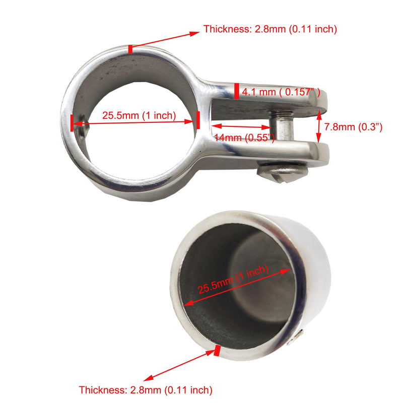 2 Pairs 1" Bimini Top Hardware Kit - Jaw Slide Eye End Cap for 25.5mm Round Tube - 316 Stainless Steel Marine Grade Hinge Rail Mount with L Hex Key - Boat Fittings Accessories
