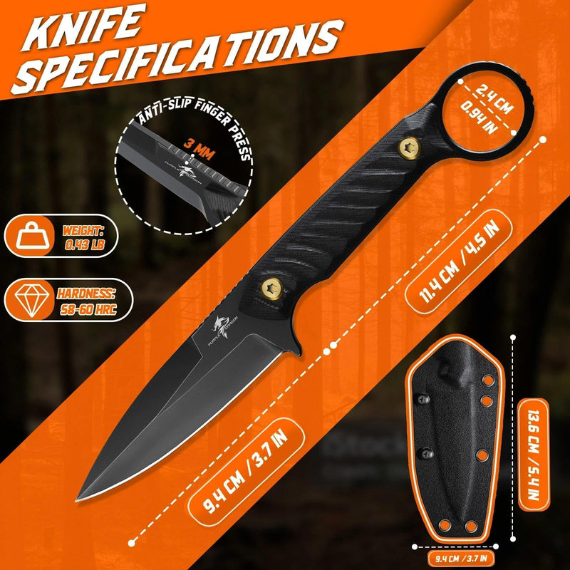 Purple Dragon Fixed Blade Knife - 440C Survival Knife with G10 Handle for Bushcraft - Full Tang Camping Knives with Horizontal Carry Sheath for Hunting Hiking - Gift Idea for Fathers' Day - Black