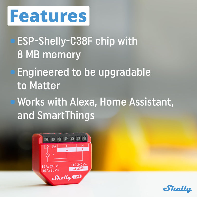 Shelly 1PM Gen3 | WiFi Smart Relay Switch with Power Metering, 1-Channel 16A | Home Automation | Compatible with Alexa & Google Home | iOS Android App | No Hub | Wireless Lighting Control
