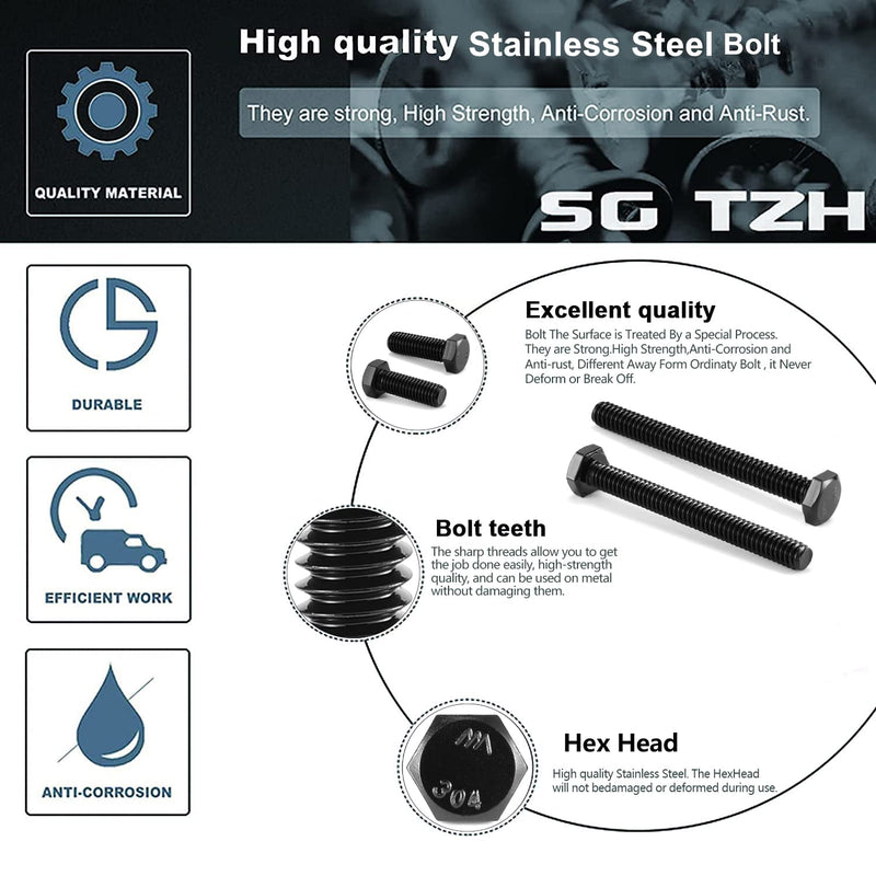 3/8-16 x 1 Inch Hex Head Screw Bolt, 20Pcs 18-8 (304) Stainless Steel, Fully Threaded,Black Oxide by SG TZH 20 3/8-16 x 1"
