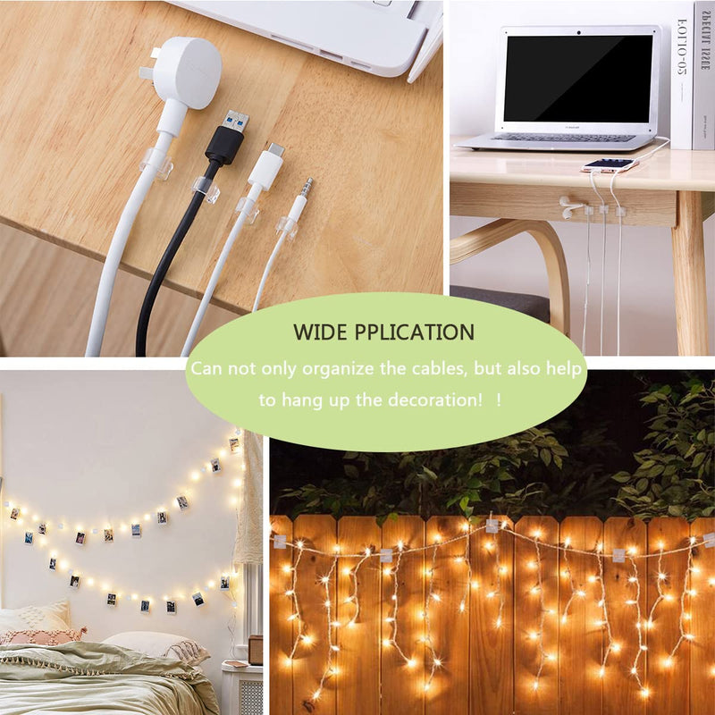 60PCS Cable Clips, KGROTE Outdoor Wire Clips Adhesive Cable Hooks Cord Organizer Holder Christmas Light Clips for Desk, Wall Cable Management, String Lights, Fairy Lights, Decorations Hanging - Clear Small-60PCS