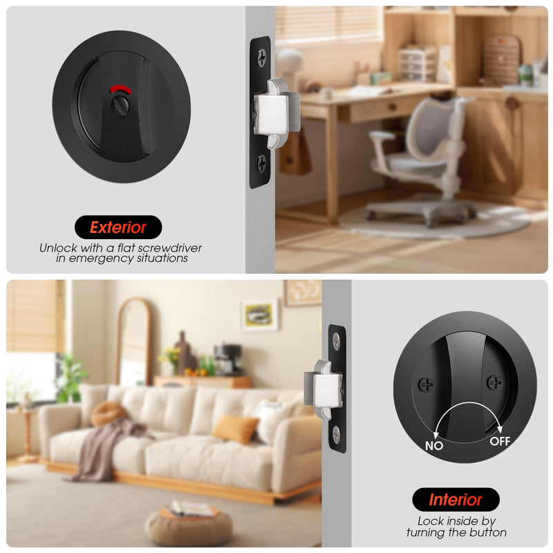 Matte Black Pocket Door Hardware with Indicator, Contemporary Privacy Round Pocket Door Lock, Heavy Duty Flush Pocket Door Hardware for Bathroom, 2-3/8" Backset, Matte Black Privacy with Indicator