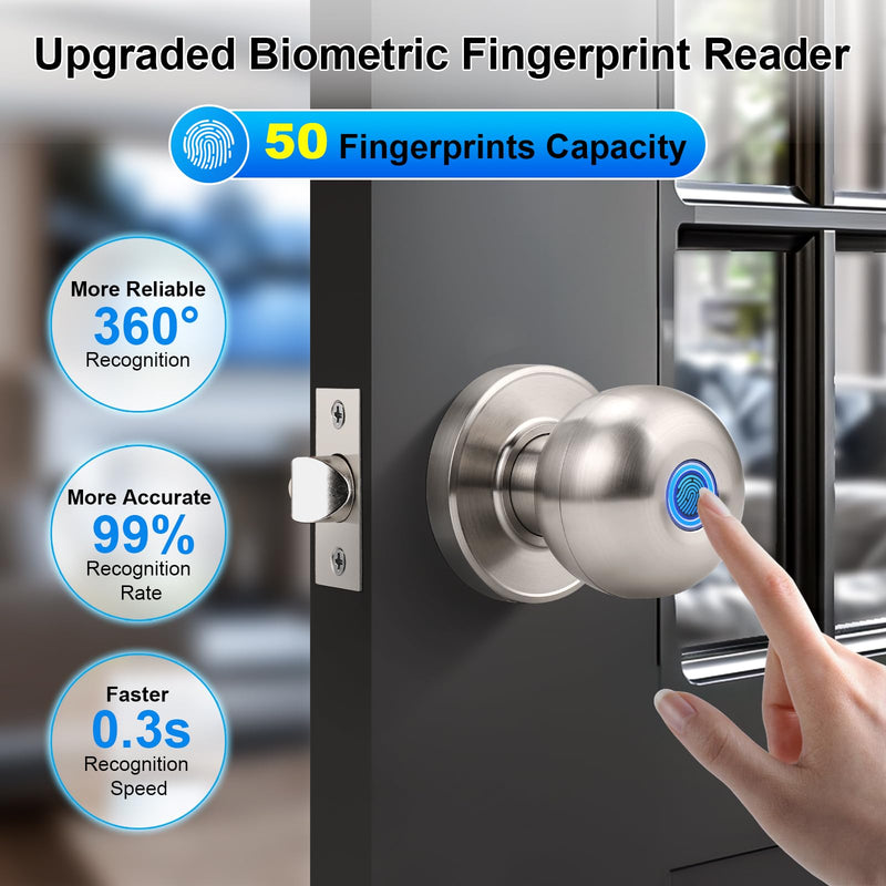KNOBWELL Fingerprint Door Knob, Smart Door Knob with APP Control, Satin Nickel Keyless Entry Door Lock, Biometric Door Lock with Knob, Smart Lock for Bedroom Door Hotel Office Apartment