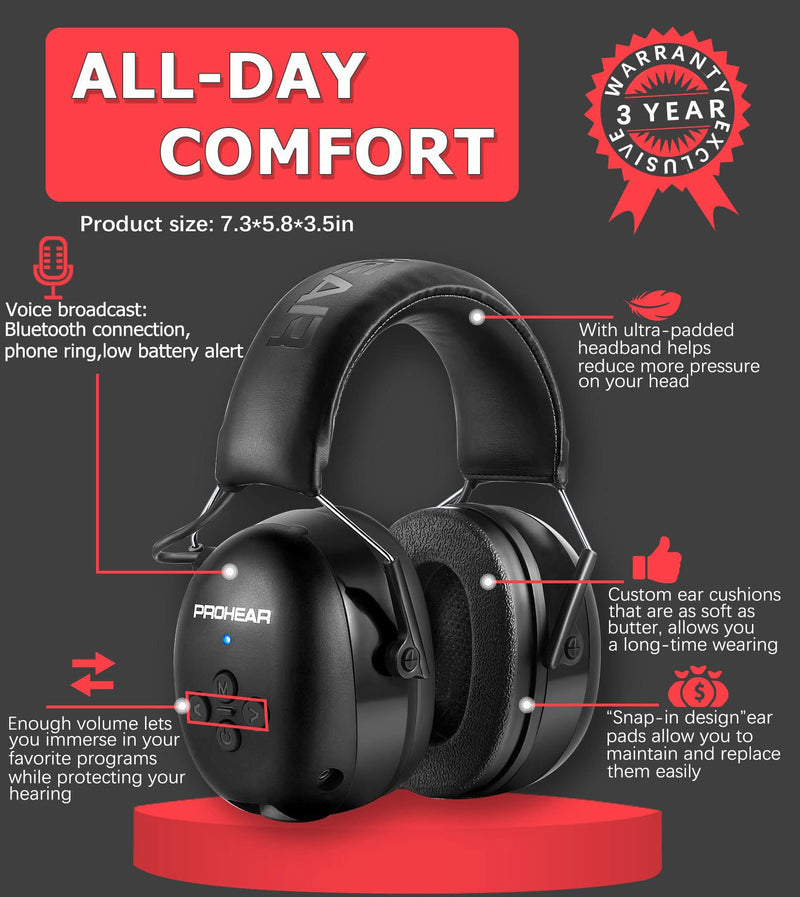 PROHEAR 037 Bluetooth 5.3 Hearing Protection Headphones with Rechargeable 1500mAh Battery, 30dB SNR Safety Noise Reduction Ear Muffs 120H Playtime for Mowing, Workshops, Snowblowing - Black 037black