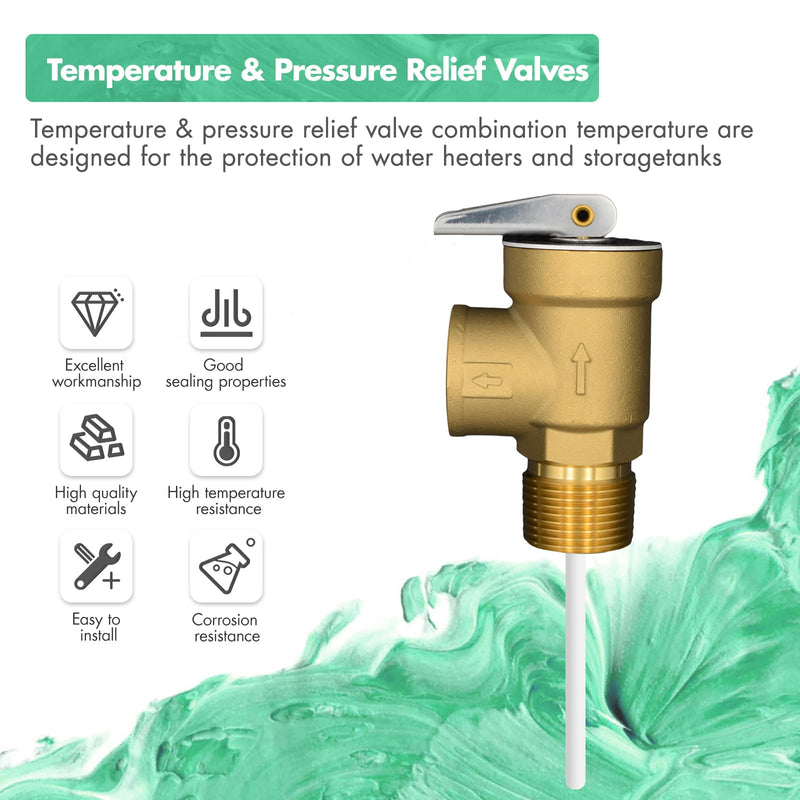 VAV Temperature Pressure Relief Valve, 3/4" NPT Female Thread, 150 PSI, 4" Temperature Probe, Lead-Free Copper, CSA LISTED Valve with Pipe thread