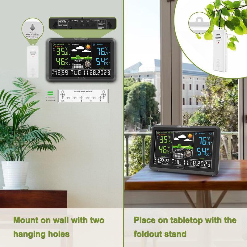 DreamSky Weather Station Indoor Outdoor Thermometer Wireless with Digital Atomic Clock for Home, Large Display with Dimmer, USB Port, Inside Outside Temperature Humidity Monitor (Adapter Powered) Black (Plug-in)