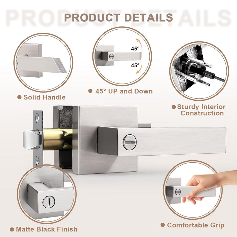 Satin Nickel Lever Door Handles, Privacy Door Handle with Lock, Interior Square Door Handle for Bathroom Bedroom 1 Satin Nickel