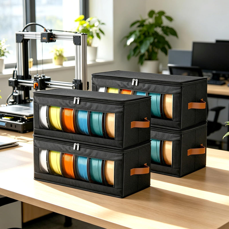 4 Pack Foldable Filament Storage Box, 3D Printer Filament Containers with Transparent Window, Desiccants & Labels, Holds 24 Rolls, Water-Resistant Organizer for Home Office Workshop Studio 4