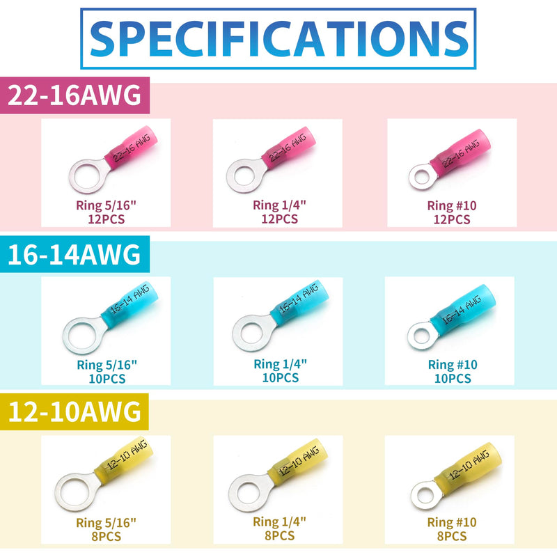 90Pcs Heat Shrink Wire Connectors Electrical Kit - Oiojuct Marine Automotive Wiring Crimp Terminals Assortment, Waterproof Ring Electrical Butt Connector 90