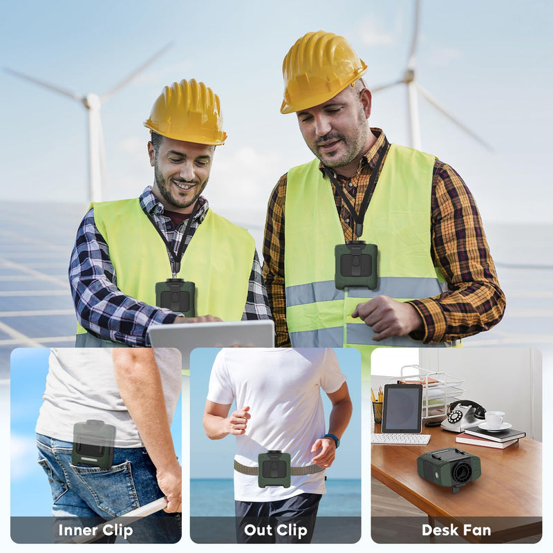 Portable Waist Fan 10000mAh Rechargeable Waist Clip Fan 18000RPM With Max 12H Working Time 3-speed adjustment with LED flashlight Portable Fan for Outdoor Jobsite and etc Green