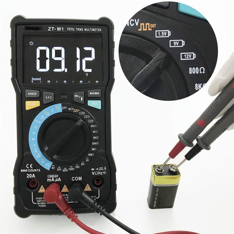 Auto Ranging Digital Multimeter TRMS 6000 with Battery Alligator Clips Test Leads AC/DC Voltage/Account,Voltage Alert, Amp/Ohm/Volt Multi Tester/Diode (ZT-M1) ET826