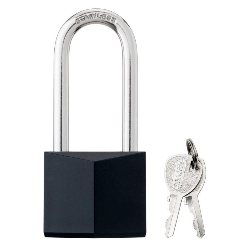 6-Pack Keyed Alike Locks, Black Covered Brass Keyed Padlock with Stainless Steel Long Shackle, 1-9/16 Inch Lock Body, Rustproof Locks for Gate Fence Hasp Cabinet Toolbox Gym or School Locker 6 Pack Long Black