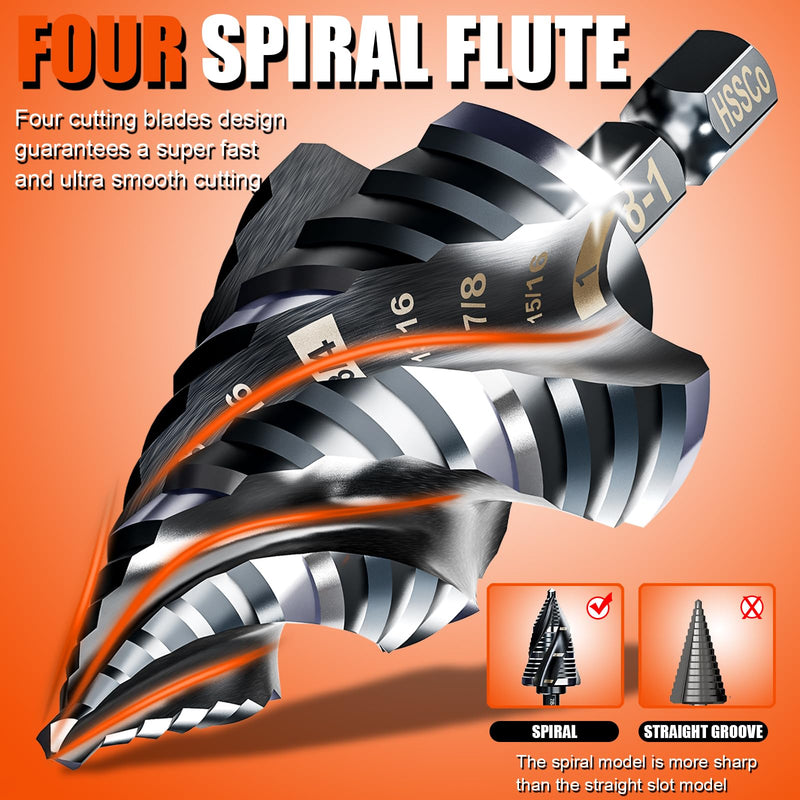 Four Spiral Flute Step Drill Bit for Metal,M35 Cobalt Unibit Step Drill Bit Set 1/4"-1" (30 pcs),Wear-Resistant AlTiN Coated,1/4" Hex Shank for Metal, Stainless Steel, Aluminum, Plastic