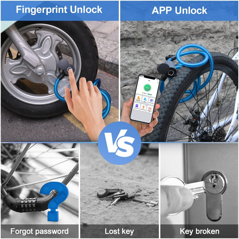 Bike Lock Keyless Combination Cable Lock eLinkSmart: Blue Waterproof Cable Lock 150cm Long Steel for Bicycle Scooter Motorcycle Door Fence Gate - Fingerprint Unlock via Phone App iOS Watch 150cm-blue