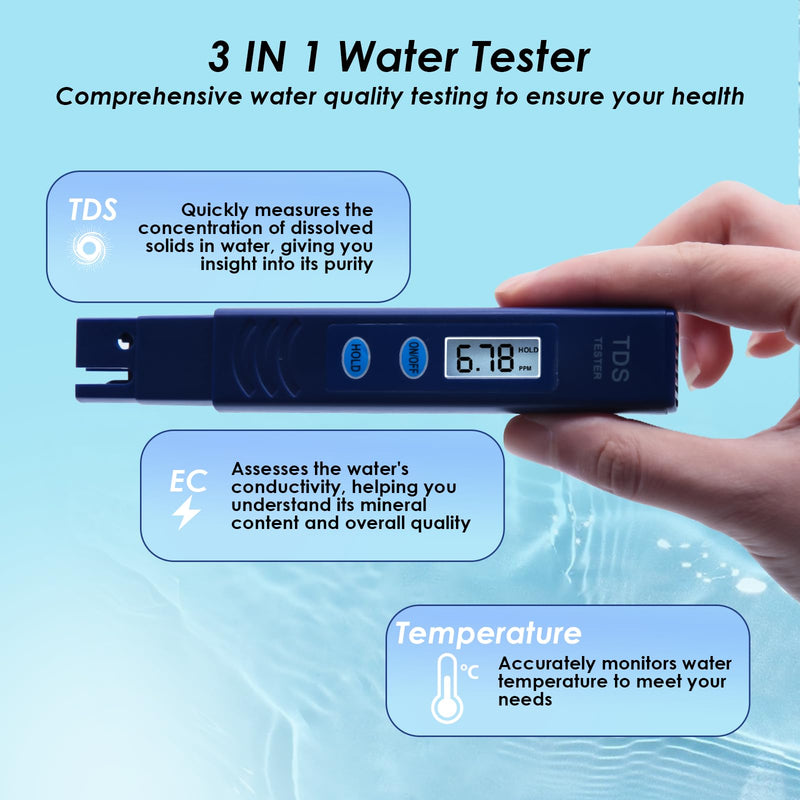 TDS Water Tester, 3 in 1 Drinking Water Tester, 0-9990 PPM Meter Water Quality Tester, Portable Water Tester for Drinking Water, TDS Meter Digital Water Tester, 1 Pack, Deep Blue