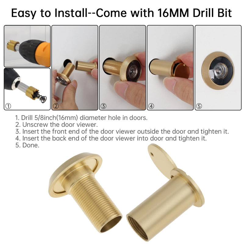 Door Viewer Peephole,200 Degree Solid Brass Peephole with 16 MM Titanium Plating Drill Bit for 1-3/8" to 2-1/6" Doors,5/8 Inch Pipe Diameter Door Eye Viewer with Privacy Cover (Satin Gold) Satin Gold