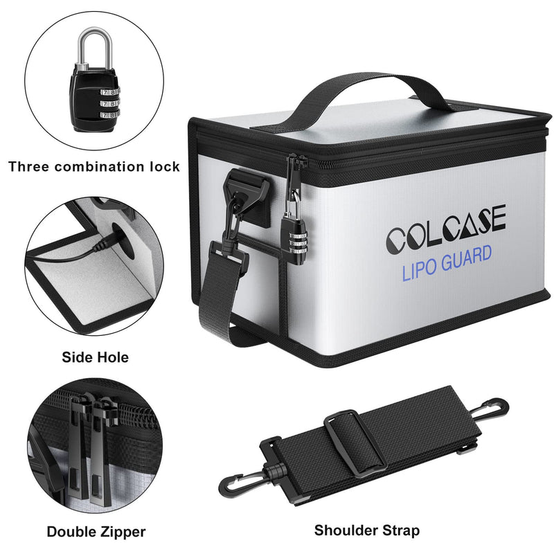 COLCASE Lipo Safe Bag Fireproof Explosionproof wtih Combination Lock Battery Storage and Charging Upgraded Silicone Coated Fireproof Bag (11 x 8 x 6.5 in) Large (11.0 x 8.0 x 6.5 inches)