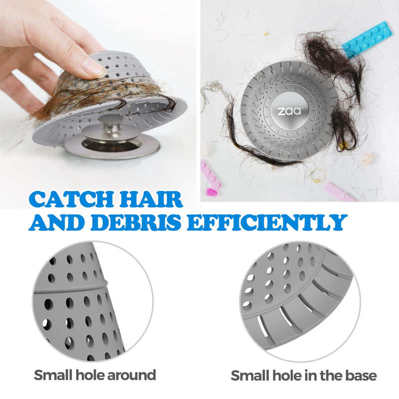 zaa Bathtub Drain Hair Catcher, Silicone Collapsible 1 Pack Drain Protector for Pop-Up and Regular Drains of Shower, Bathtub, Tub, Bathroom, Sink Gray
