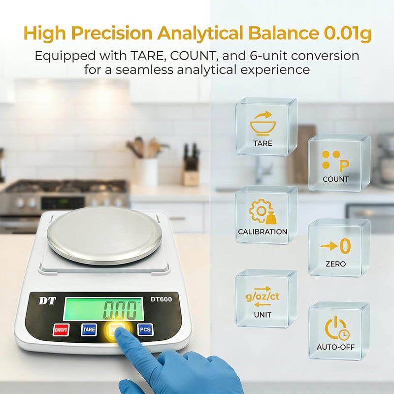 Digital Lab Scale 1000g x 0.01g High Precision Analytical Balance Electronic Scale, LCD Display and Counting for Laboratory Jewellery Kitchen Scientific