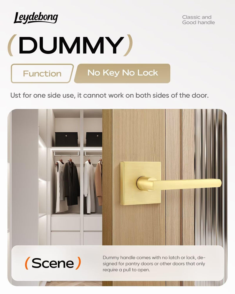 Leydebong 3 Pack Single Sided Gold Heavy Duty Door Lever Dummy Door Handle Set Door Hardware, Door Handles, Interior Door Handles Dummy Door Lever without Lock and Key