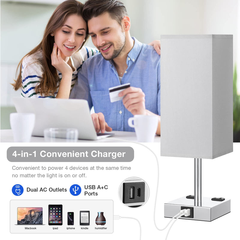 【Upgraded】Bedside Table Lamp Touch Control, with USB C+A Charging Ports & Dual AC Outlets, 3-Way Nightstand Lamp for Bedroom with LampShade Living Room Office(LED Dimmable Bulb Included) Gray & Silver 14.0in