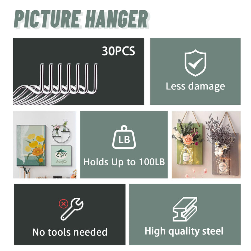30pcs Super Hook Picture Hangers and Office Pack, Drywall Hooks for Hanging Pictures, Wall Hooks, Picture Hangers, Picture Hanging Kit，Hang Art, Clock, Shelves, Mirrors... 30pcs
