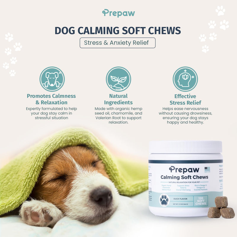 Calming Hemp Soft Chews for Dogs - Natural Calming Treats with Organic Hemp Seed Oil, Chamomile, Valerian Root & Passion Flower - Anxiety & Stress Relief Bites | USA Made, 120 Soft Chews
