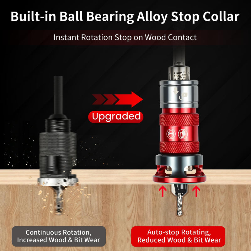 6 PCS Quick-Adjust Countersink Drill Bit Set, Auto-Locking Depth Adjustment, Auto-Stop Aluminum Alloy Collar, 5 HSS M2 Bits with 82-Degree TCT Cutters, 1/4" Hex Shank Counter Sink Drill Bit for Wood 6 PCS Quick Adjust Set