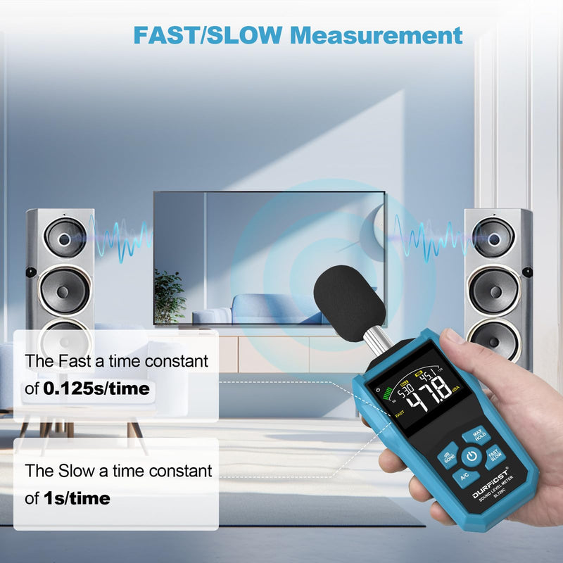Decibel Meter, DURFICST Sound Level Meter, Portable Level Meter, dB/SONE Units Fast Switching, with LCD Colour Screen, Backlight, A/C Counterweight, Sound meter for home and construction sites