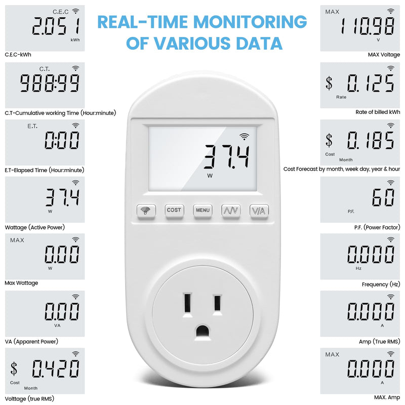 WiFi Electricity Usage Monitor, Plug-in Power Meter with Audible Alarm, Refrigerator Power Consumption Monitoring and Electricity Bill Statistics