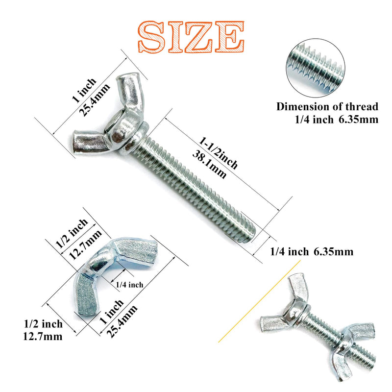 20 Sets 1/4"-20 x1-1/2 Wing Screw Bolts and Wing Nut Kit Butterfly Screws and Nut with Hand Twist Tighten Wing Head Zinc Plated Hardware Fitting Fastenings Assortment Kit Silver 10 Sets 1/4"-20 x1-1/2" WingScrews&WingNuts