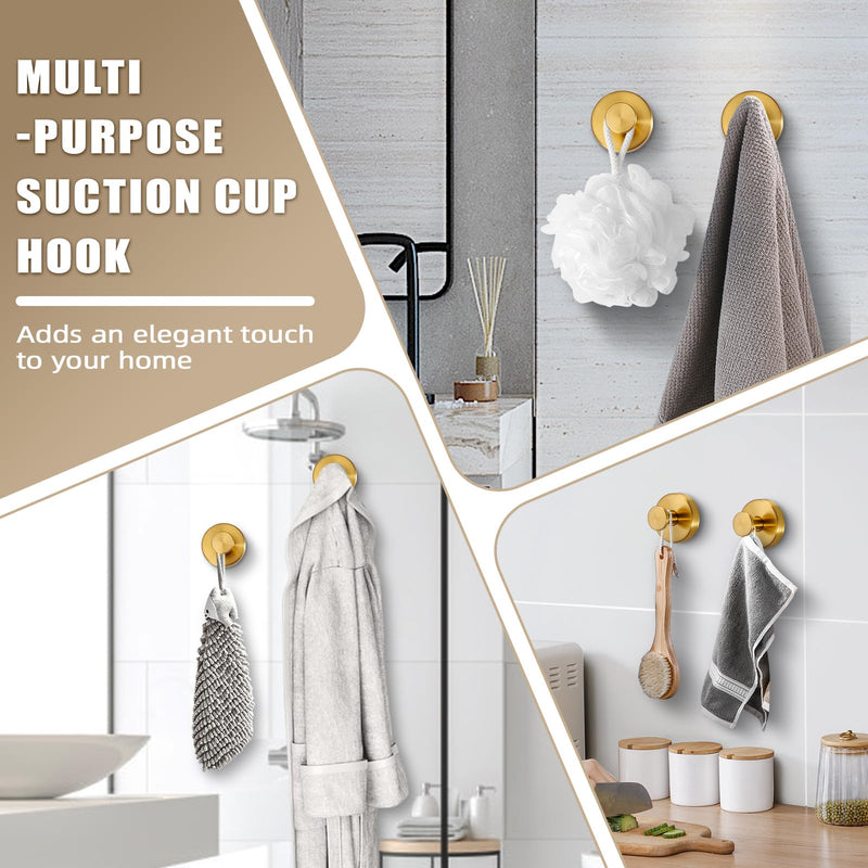 Suction Cup Hooks for Shower No-Drill Bathroom Hooks for Towels, Robes, Loofah Mountable on Bathroom Walls, Kitchen, Glass, Mirrors, Tile and Smooth,Non-Porous Surfaces (2 Pack, Brushed Gold) 2