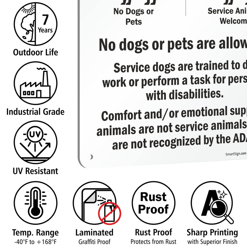 SmartSign 14 x 10 inch “No Pets - No Dogs Or Pets Allowed, Comfort/Emotional Support Animals Not Service...” Metal Sign, 40 mil Laminated Rustproof Aluminum, Multicolor, Made in USA 10" x 14" - Aluminum
