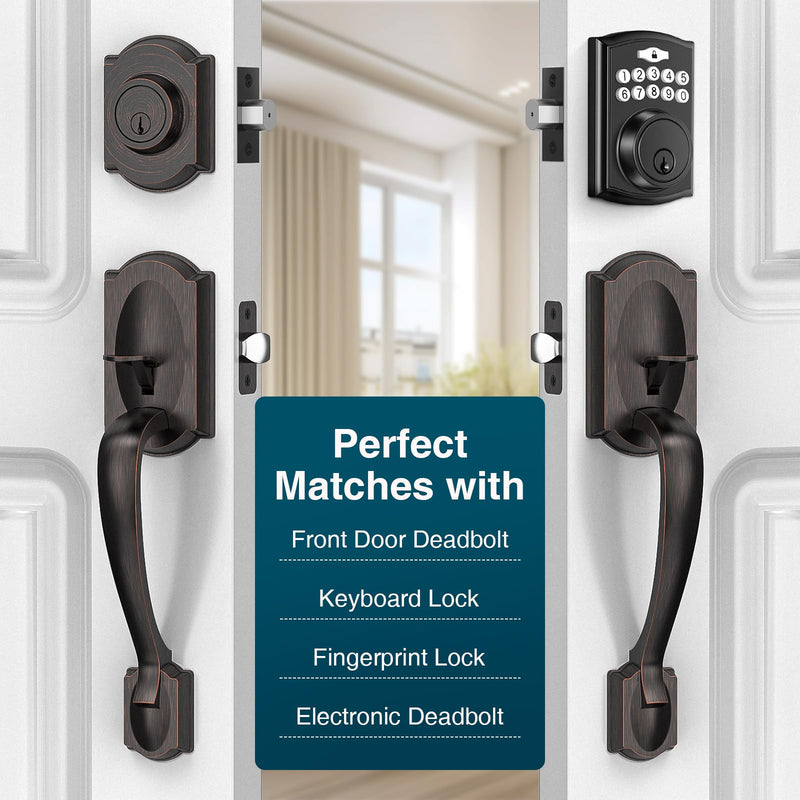 Front Door Handle No Lock, Entry Door Handle Exterior with Interior Reversible Handle Lever, Lower Half Grip, Single Cylinder, Door Handle Sets for Right Left Handed Door, Oil Rubbed Bronze