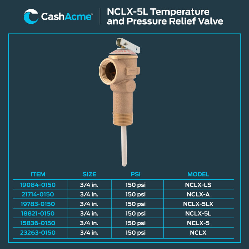 Cash Acme 3/4 Inch NCLX-5L Temperature and Pressure Relief Valve, Push to Connect Brass Plumbing Fittings, Copper, CPVC Pipe, 150 PSI, 18821-0150