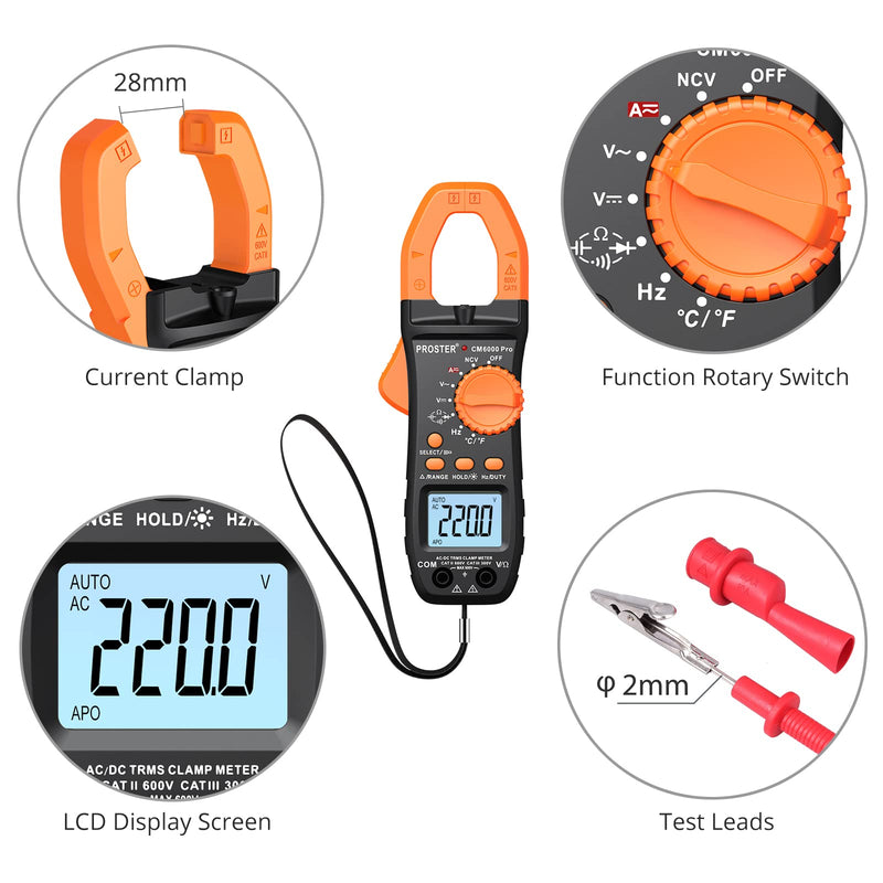 Proster Digital Clamp Meter 6000 Count - 800A DC AC Current AC/DC Voltage Multimter, TRMS NCV Continuity Capacitance Resistance Frequency Diode Hz Tester, with Test Leads, Alligator Clips Black 6000Counts