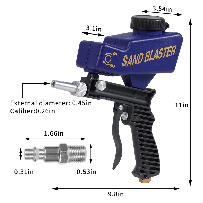 Sand Blaster Gun - Gravity Feed Sandblaster Gun for Metal, Wood Paint/Rust Removal and Glass Etching - Handheld Sand Blaster Gun for Air Compressor, Up to 70-150 PSI Blasting Media, Blue
