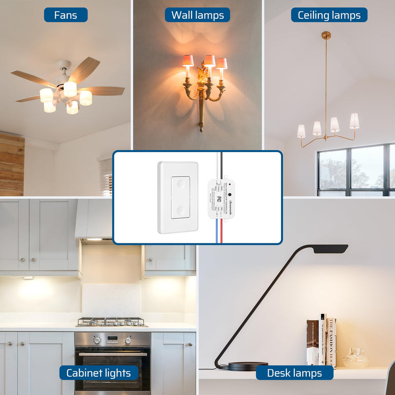 DEWENWILS Wireless Light Switch and Receiver Kit, No in-Wall Wiring Required,Remote Control Wall Switch Lighting Fixture for Ceiling Lights, Fans, Lamps,100 Ft RF Range, Programmable 1 Pack Switch+1 Receiver