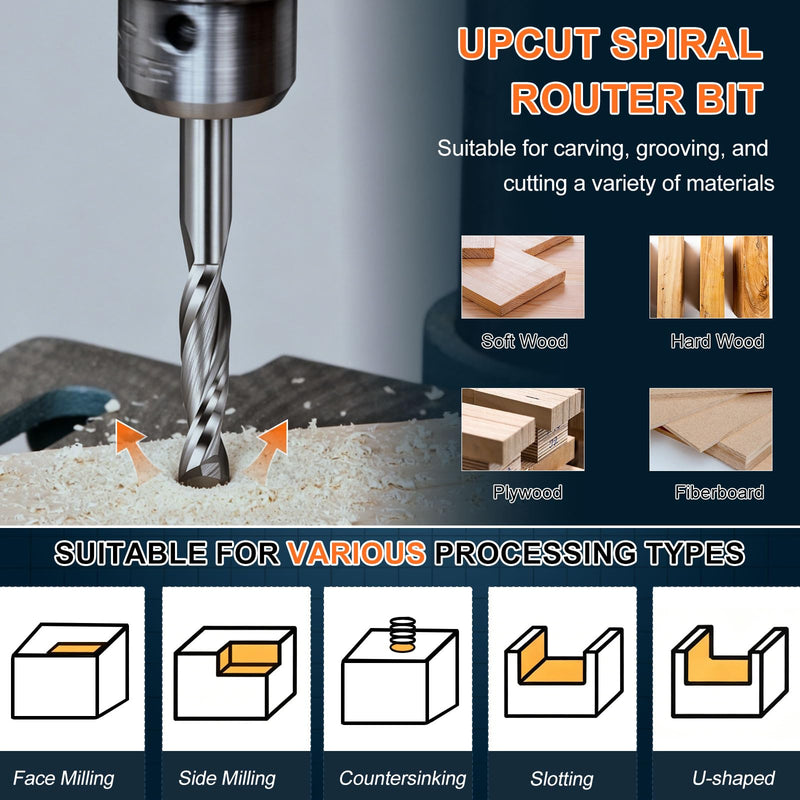 Carbide Upcut Spiral Router Bit, 10mm Shank CNC Router Bits 10mm x 32mm (Cutting Dia x Length) 2 Flutes End Mills Cutter for Hardwood, Solid Wood, Particle Board, MDF 10mm Dia - 32mm CL - 10mm Shank