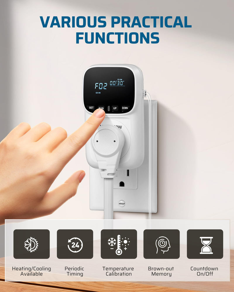 DEWENWILS Digital Temperature Controller, Heavy Duty 15A/1800W Thermostat Outlet Plug, VA Display Heating Cooling Control Timer, -40℉~210℉, Cyclic Timing/Countdown, for Greenhouse Incubator Homebrew White