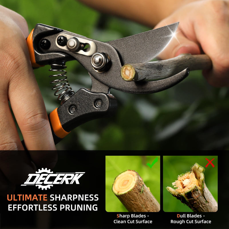 Pruning Shears for Gardening - DECERK 8.5" Professional Bypass Garden Scissors & Clippers for Branch Trimming, Super Sharp SK5 Blade, Ergonomic Handle, Gardening Gift Women Men - 2025 Heavy Duty Tools Black Orange
